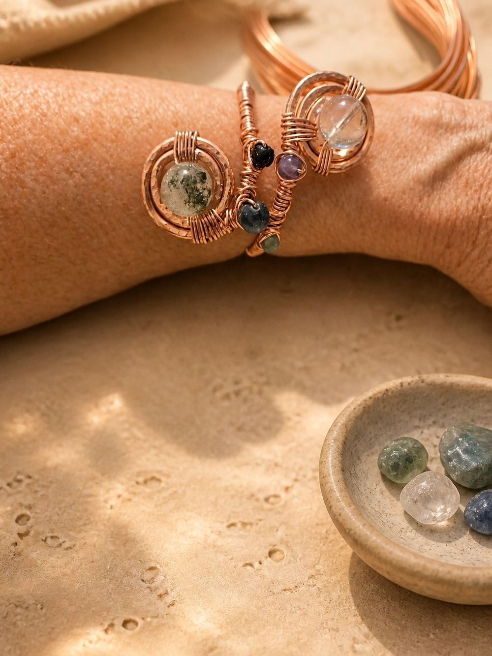 Handcrafted Solid Copper Wire Wrap Multi-Gemstone Cuff Bracelet